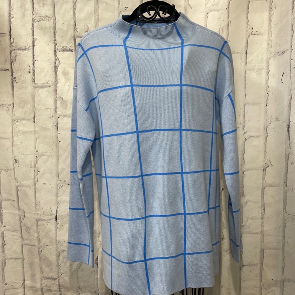 Loft Mock Neck Tunic Sweater Dark Blue on Light Blue Window Pane Plaid